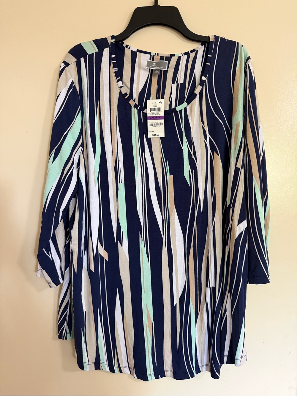 JM Collection NWT Solano Multicolor Stripe 3/4 Sleeve Pullover Top Blouse Sz 2XL